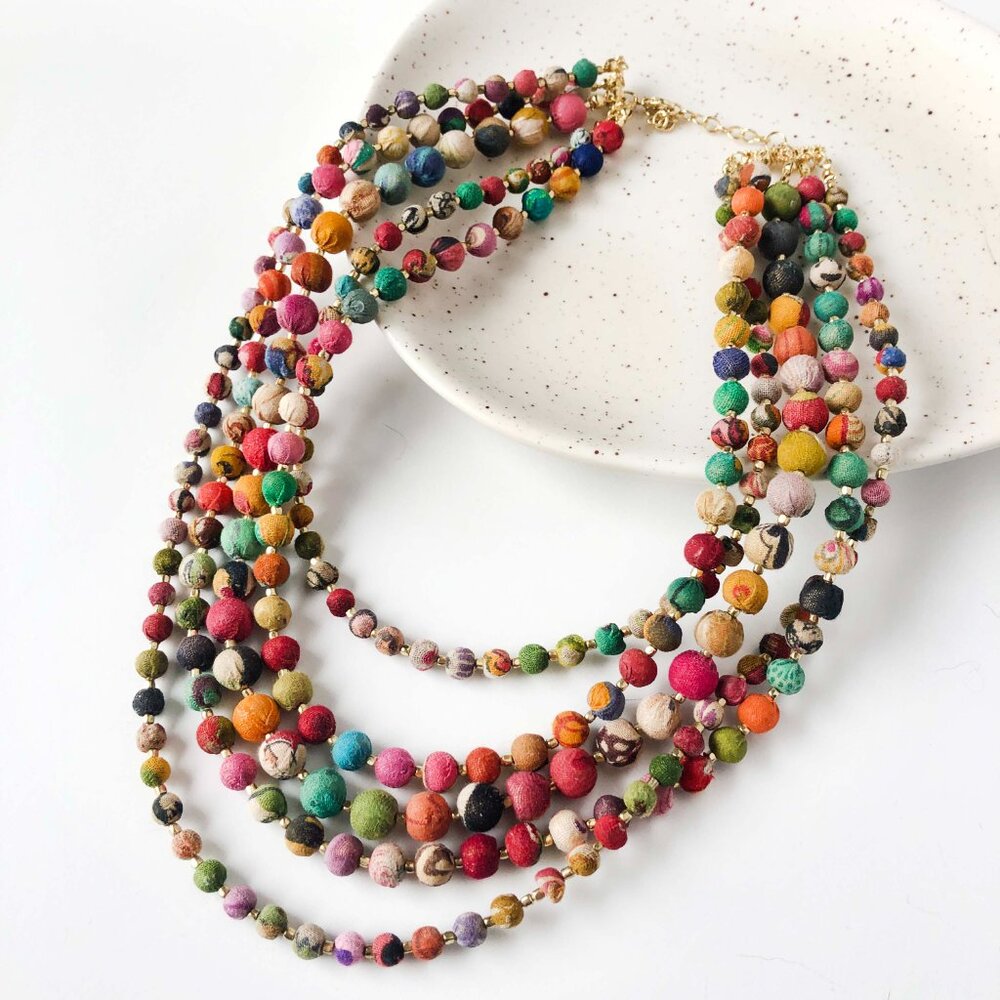 Fair Trade NWT Intertwining Statement Necklace Handcrafted Kantha Beads Upcycled